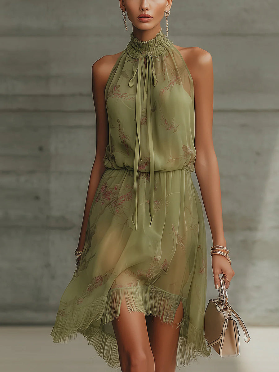 Sylvie | Vestido corto de gasa con flores verdes y talle alto