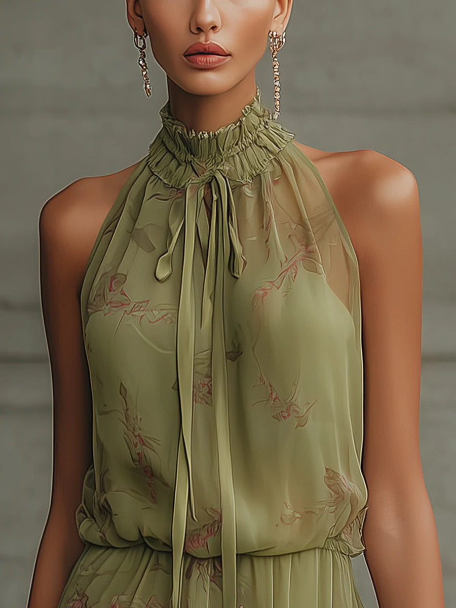 Sylvie | Vestido corto de gasa con flores verdes y talle alto