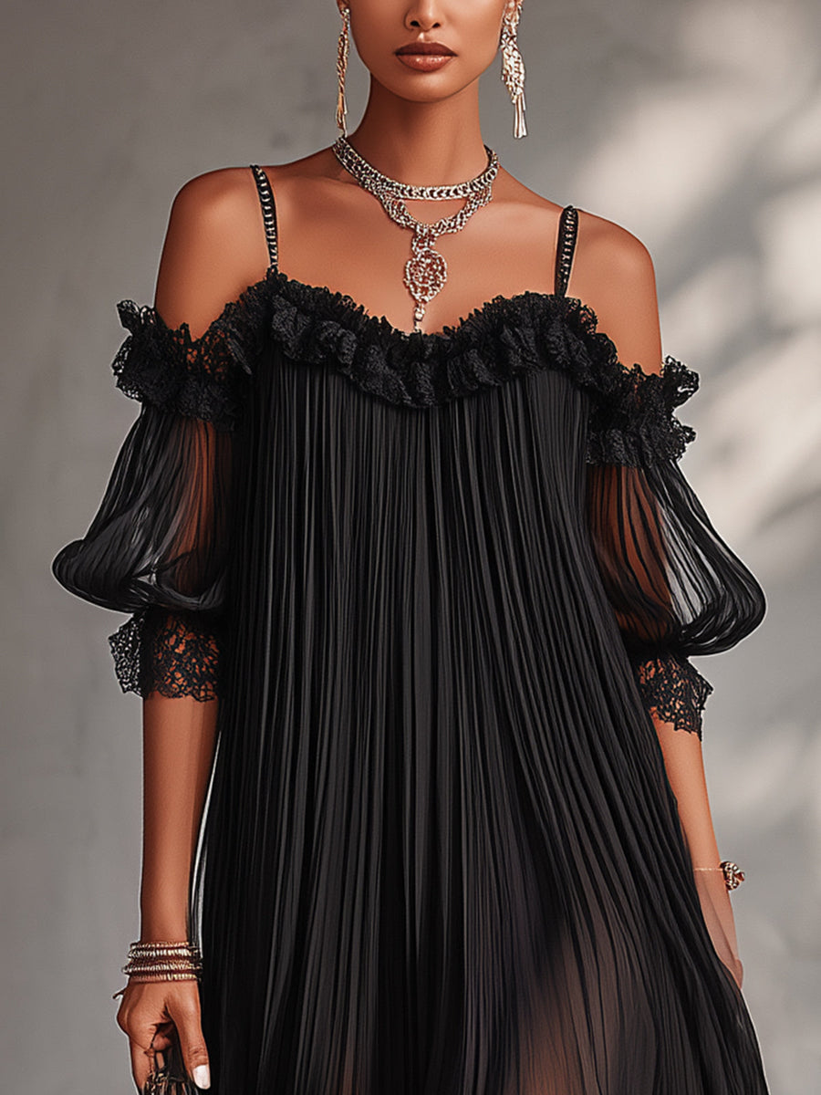 Léonie | Vestido corto negro con hombros descubiertos y borde de encaje