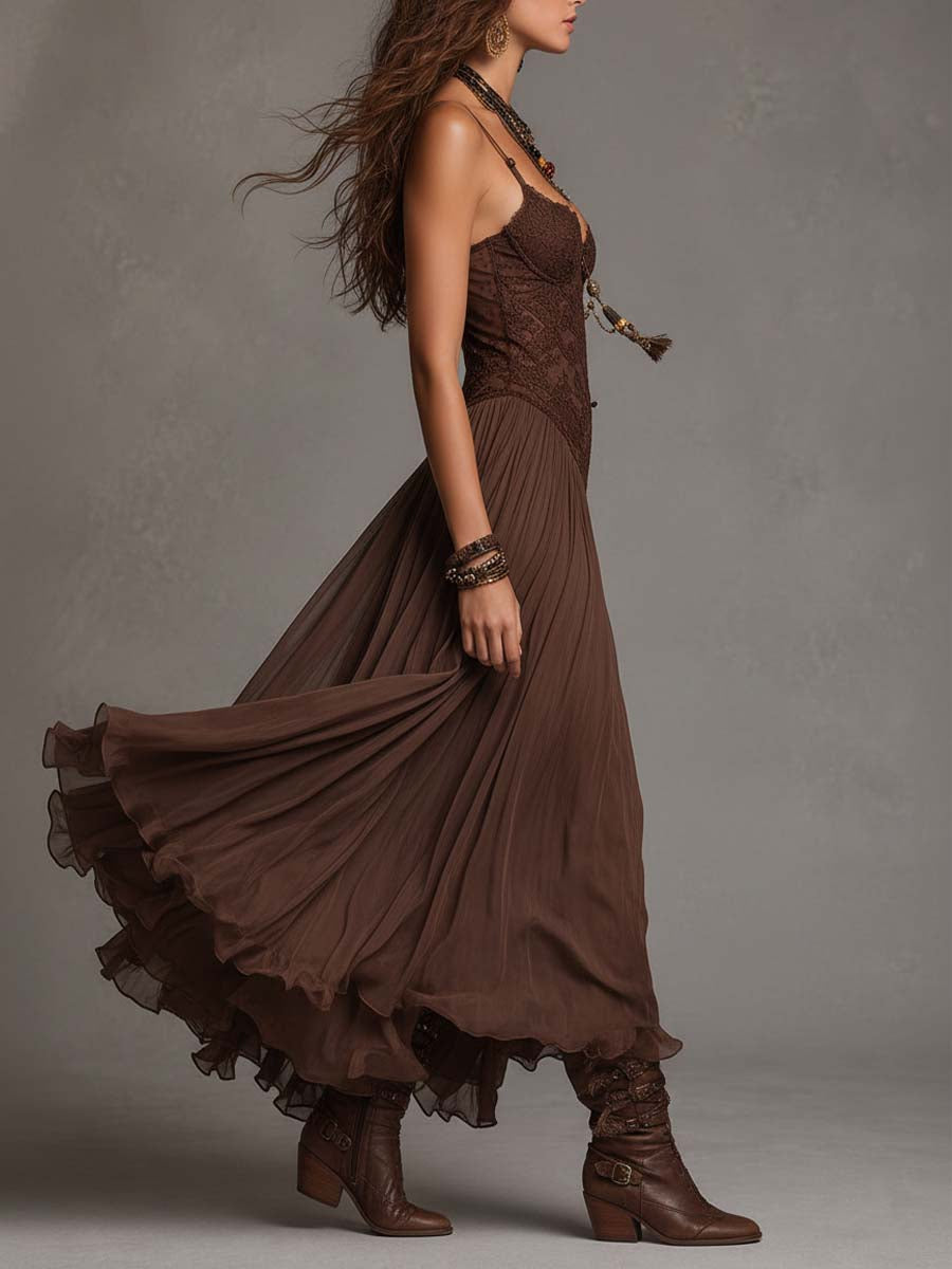 Federica | Vestido maxi de gasa y encaje marrón