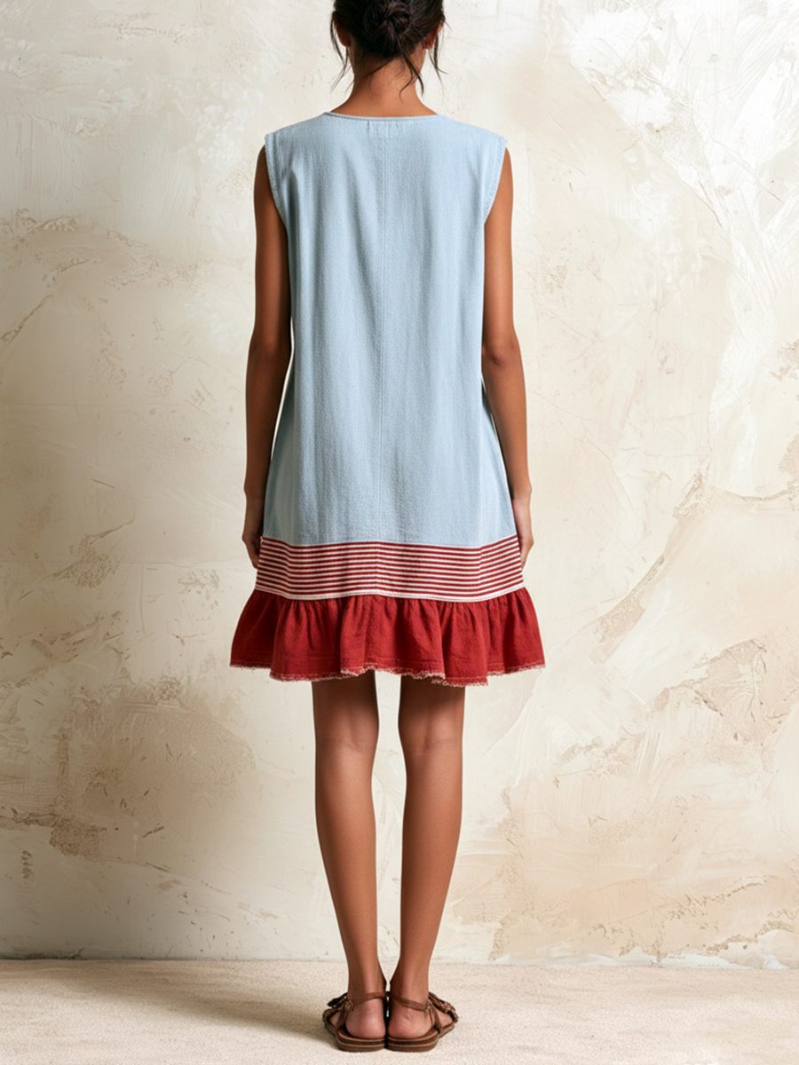 Katia | Vestido túnica azul claro sin mangas con detalle rojo