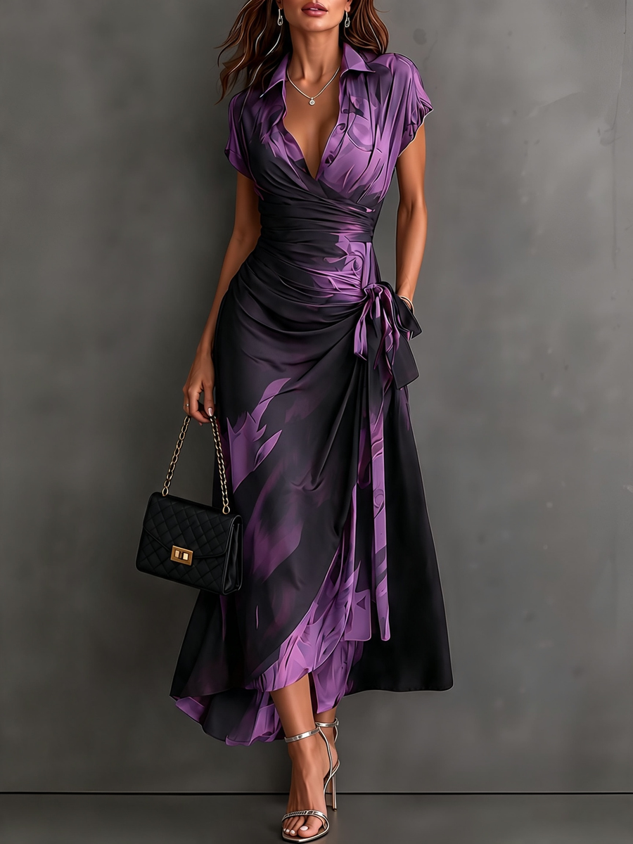Carmen | Vestido midi cruzado con estampado abstracto y bajo con volante