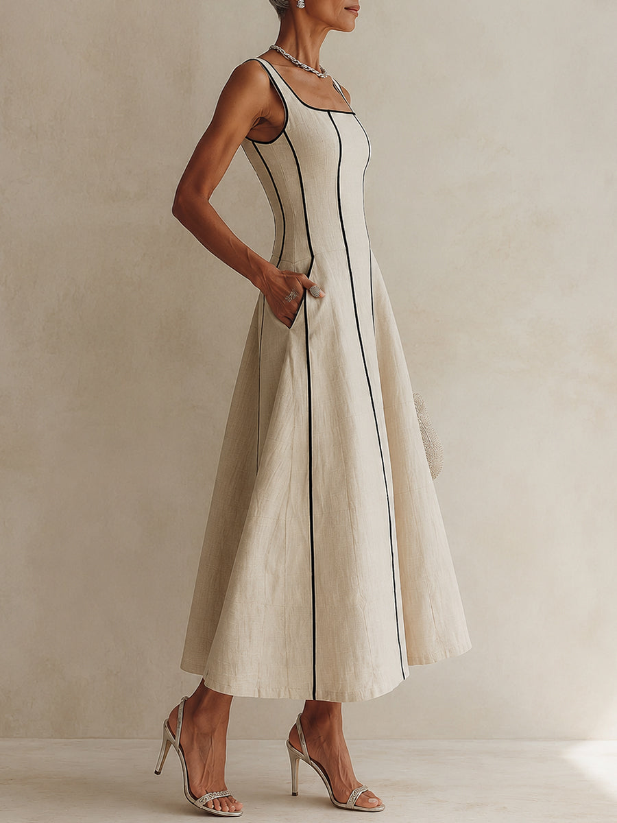 Camille | Vestido maxi línea A de lino a rayas con ribete negro