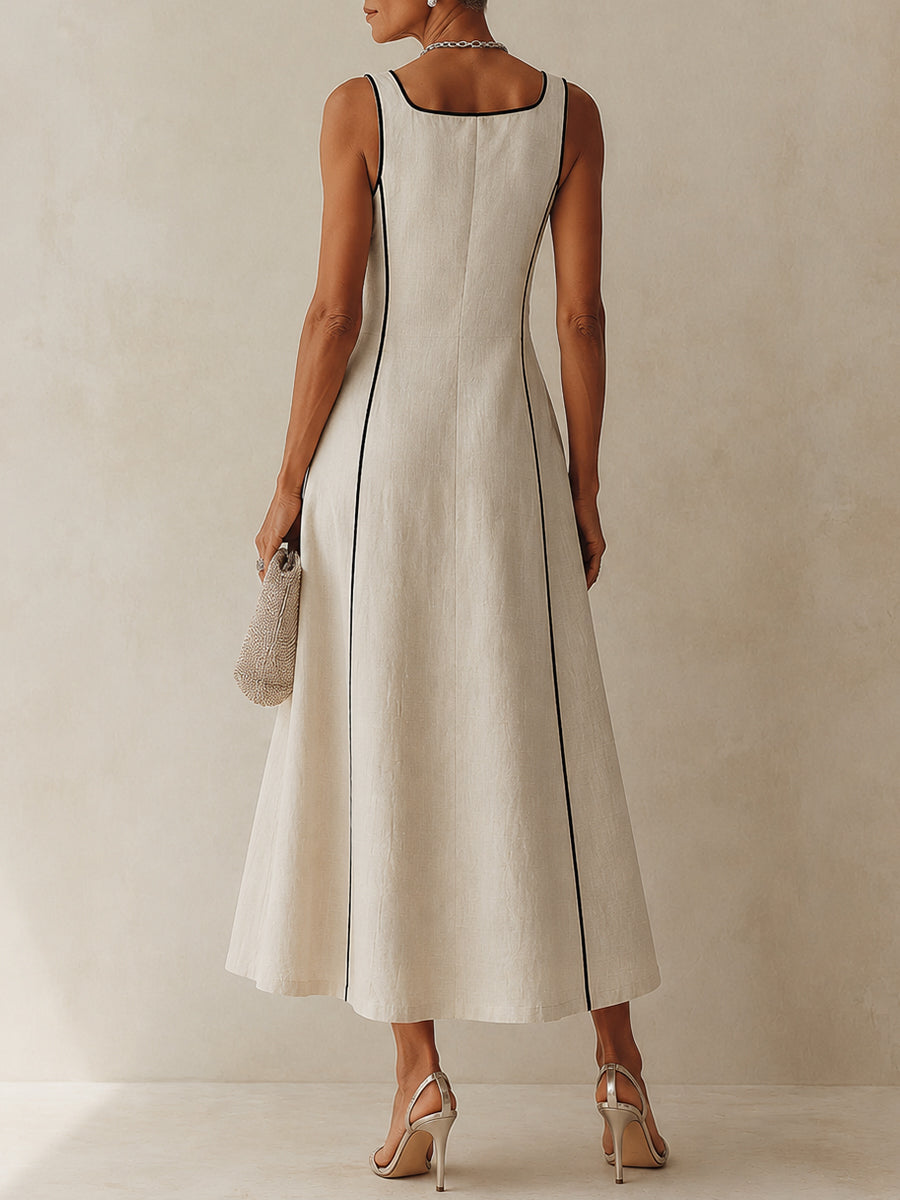 Camille | Vestido maxi línea A de lino a rayas con ribete negro