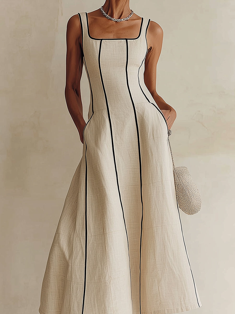 Camille | Vestido maxi línea A de lino a rayas con ribete negro