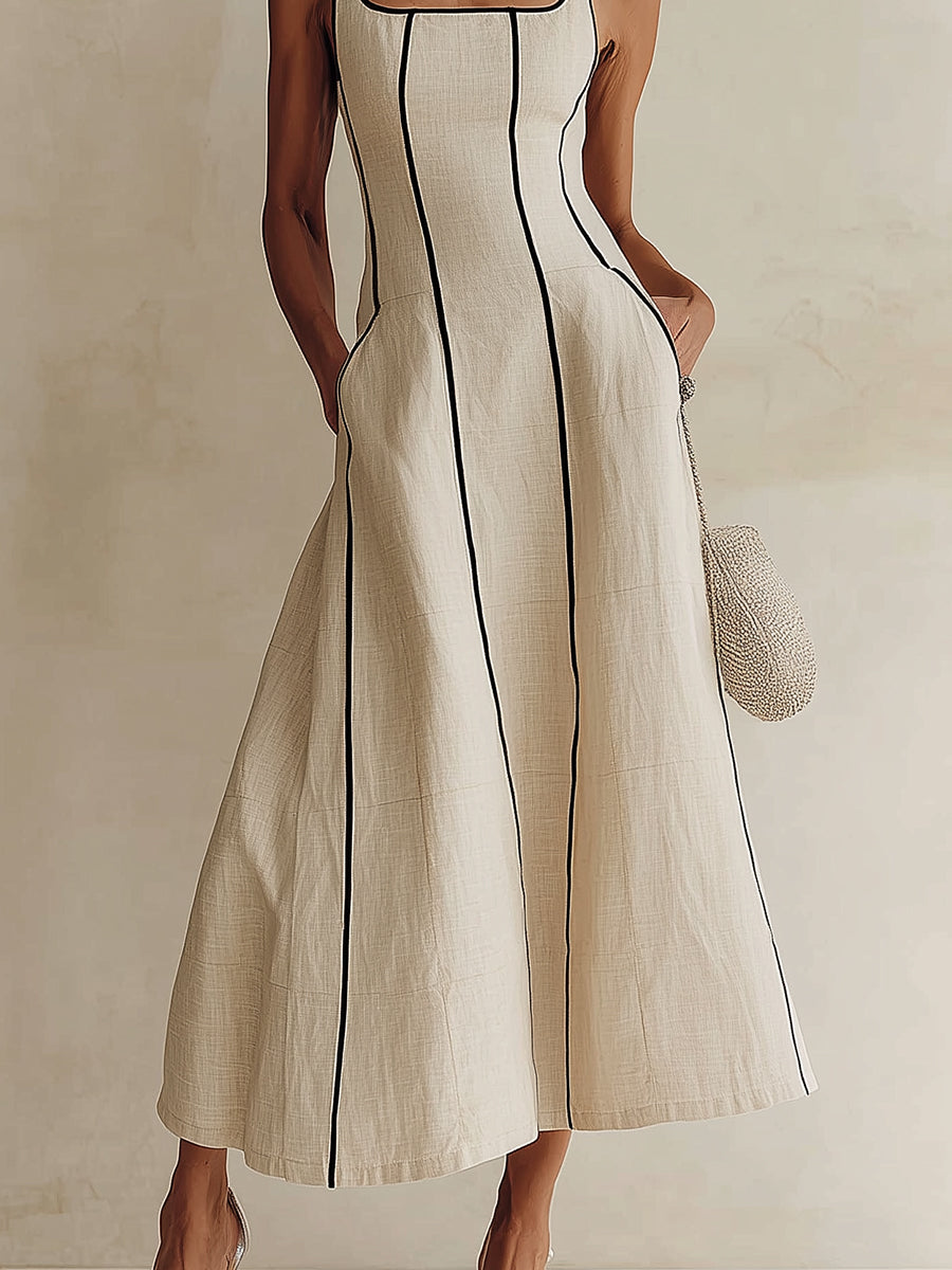 Camille | Vestido maxi línea A de lino a rayas con ribete negro