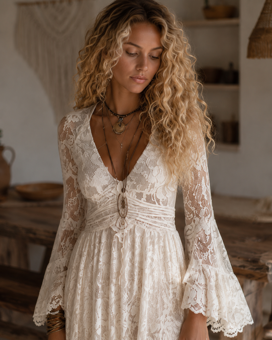Allegra | Vestido maxi de encaje con mangas campana, marfil