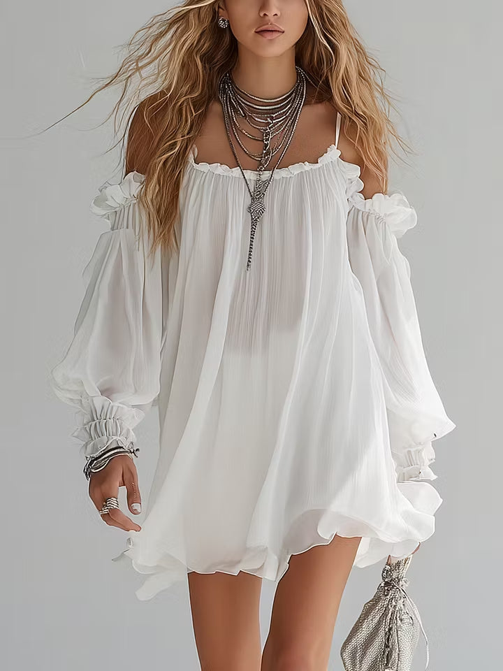 Romane | Vestido corto bohemio vaporoso con hombros descubiertos
