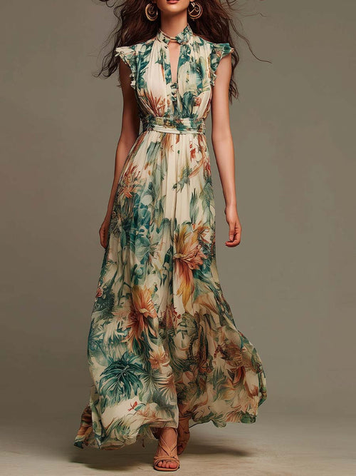 Evelyn | Vestido largo de gasa con estampado botánico tropical