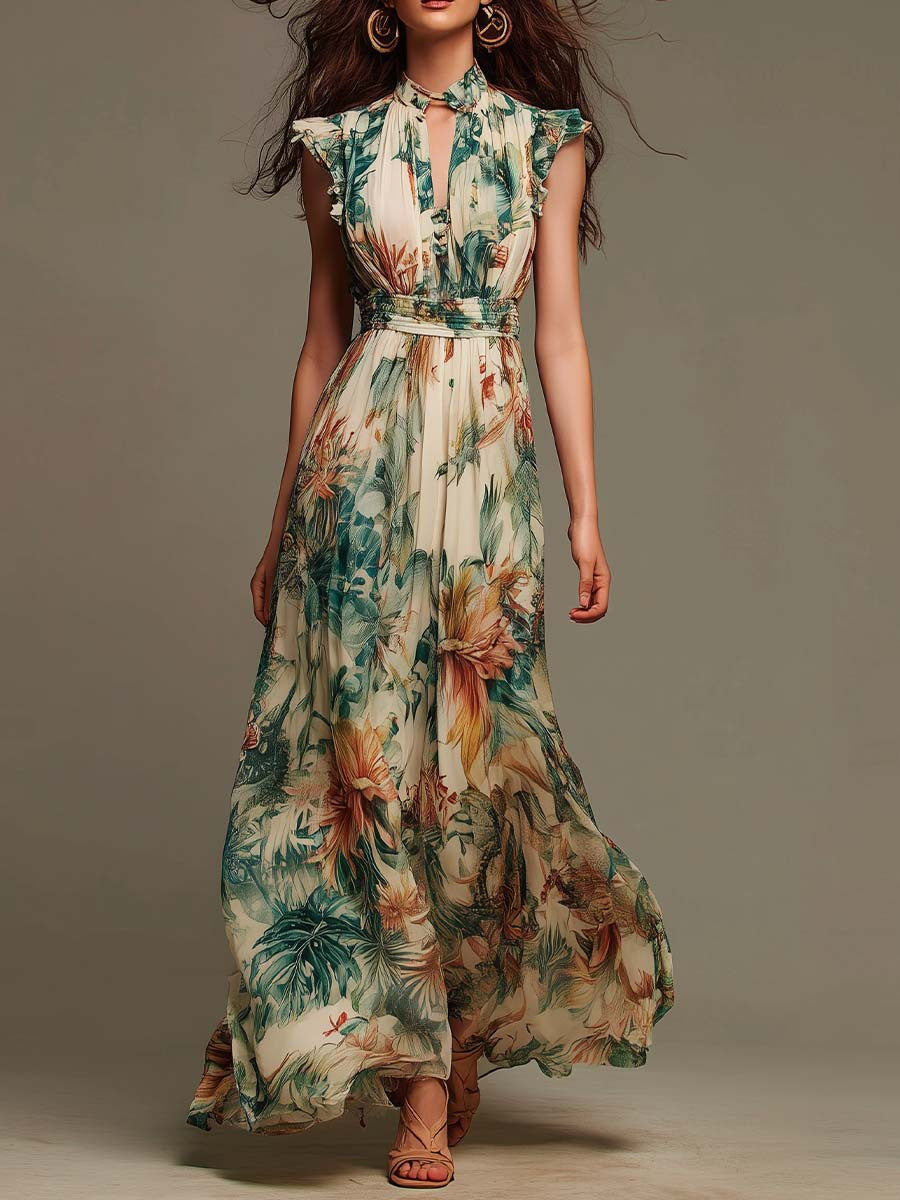 Evelyn | Vestido largo de gasa con estampado botánico tropical