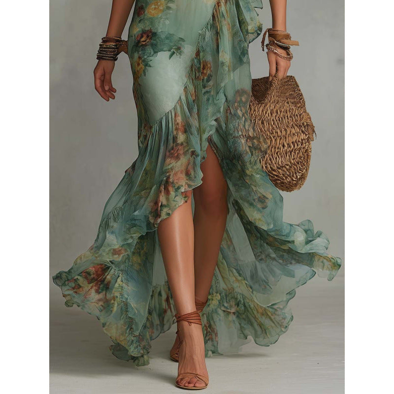 Selene | Vestido largo cruzado floral con volantes