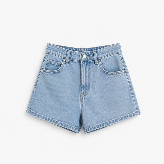 Shorts vaqueros de tiro alto azul cielo para mujer, look completo - District 8