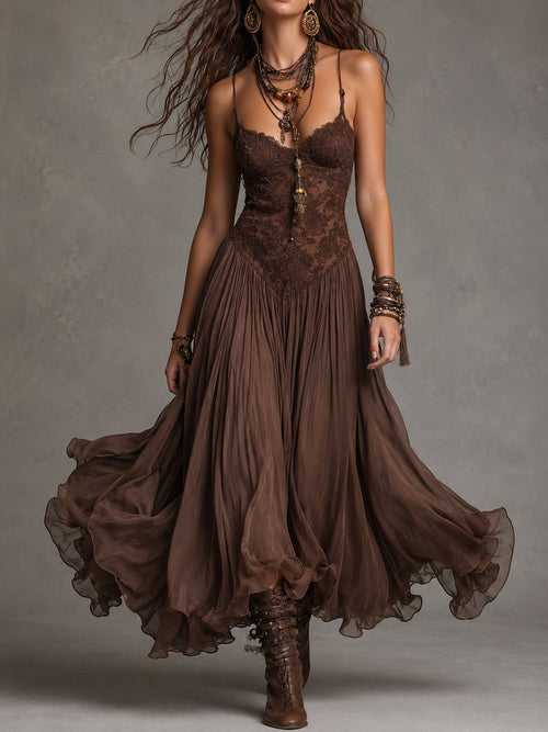 Federica | Vestido maxi de gasa y encaje marrón