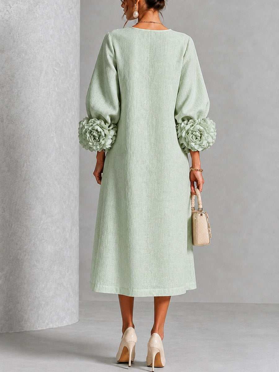 Vera | Vestido midi verde salvia con botones y mangas de flores