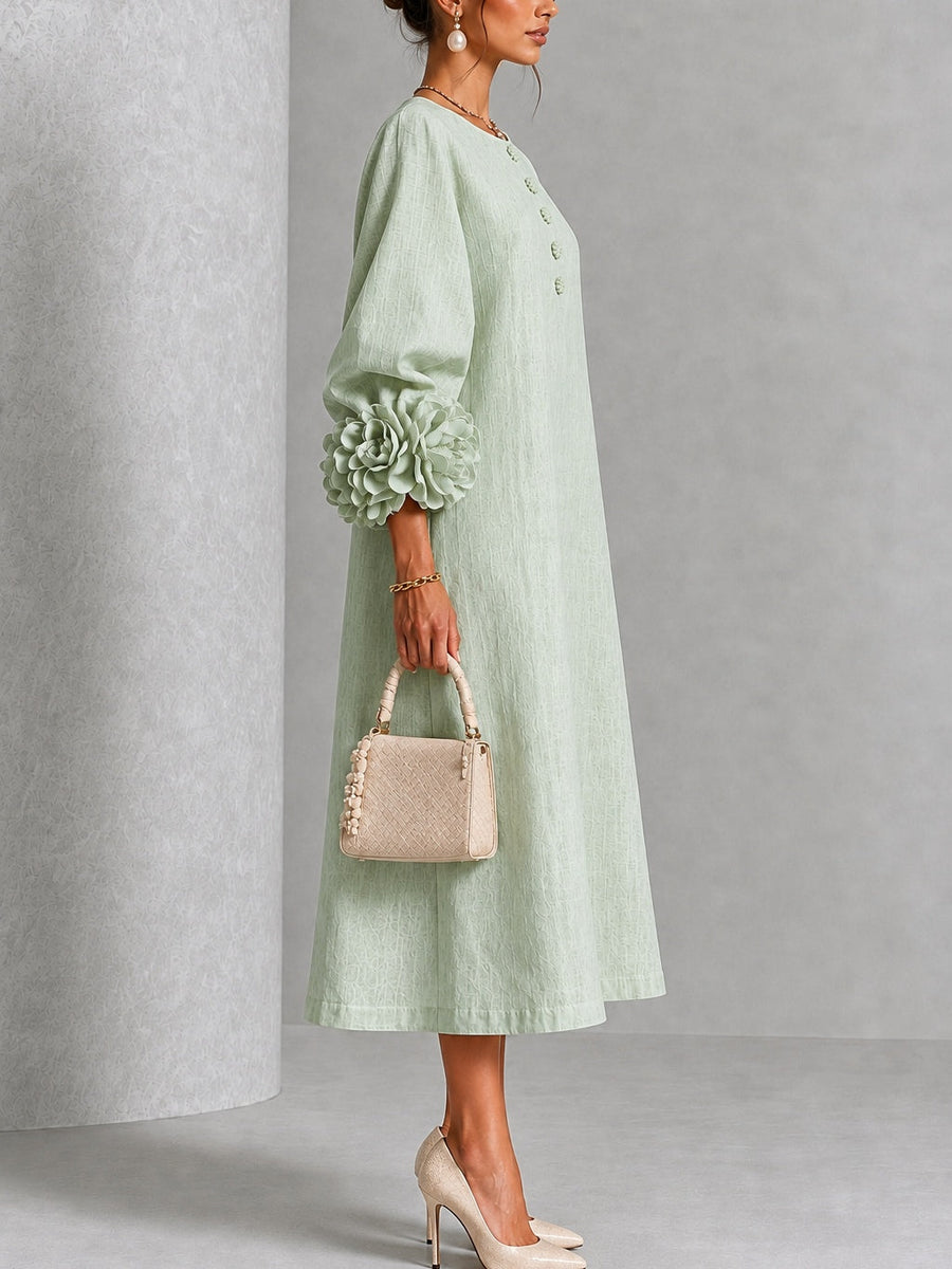 Vera | Vestido midi verde salvia con botones y mangas de flores