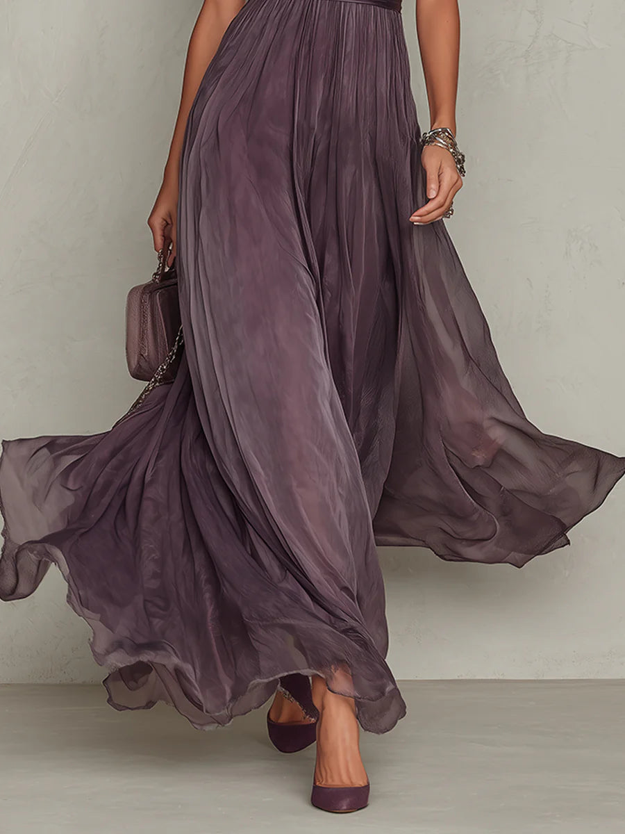 Flavia | Vestido largo de gasa con escote gota y encaje