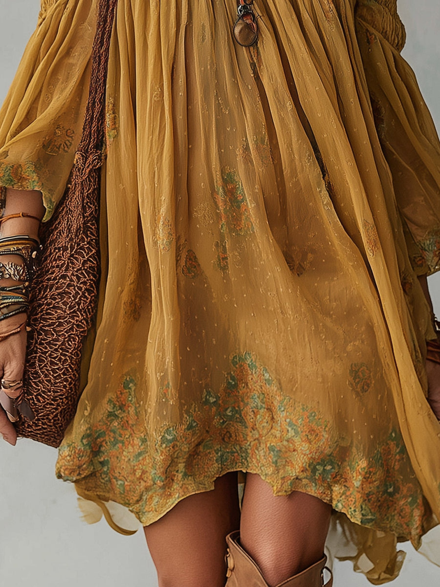 Giunchiglia | Vestido corto floral amarillo con hombros descubiertos