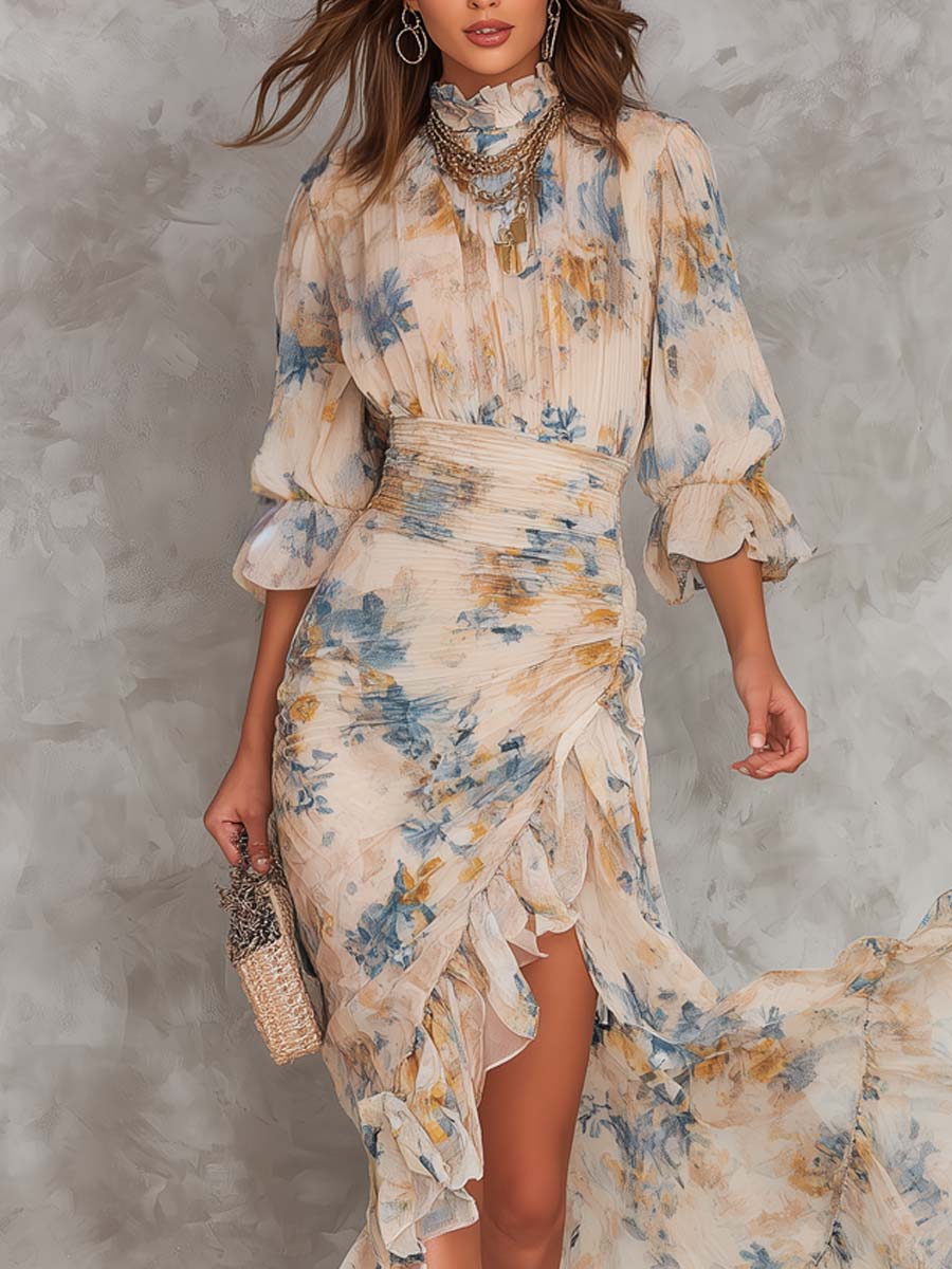Greta | Vestido largo de gasa cuello alto con estampado floral