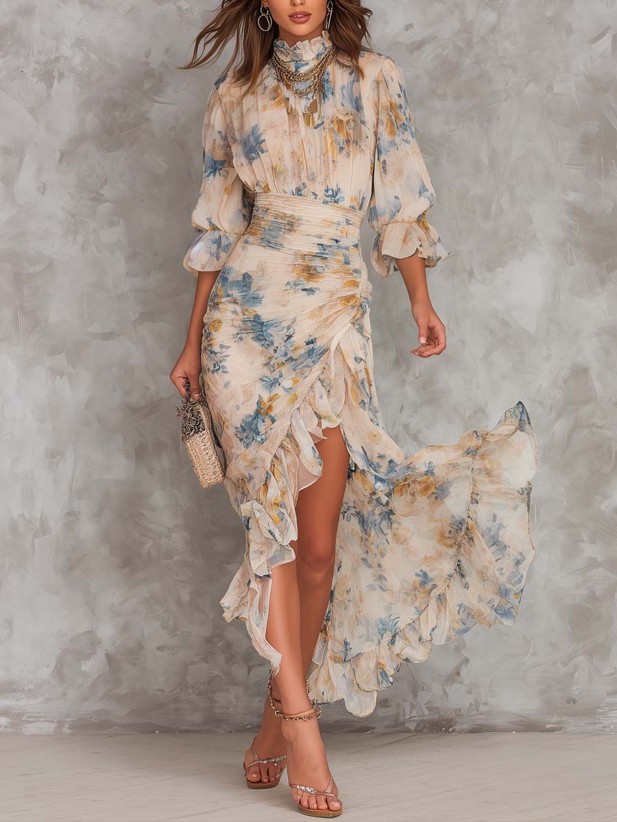 Greta | Vestido largo de gasa cuello alto con estampado floral
