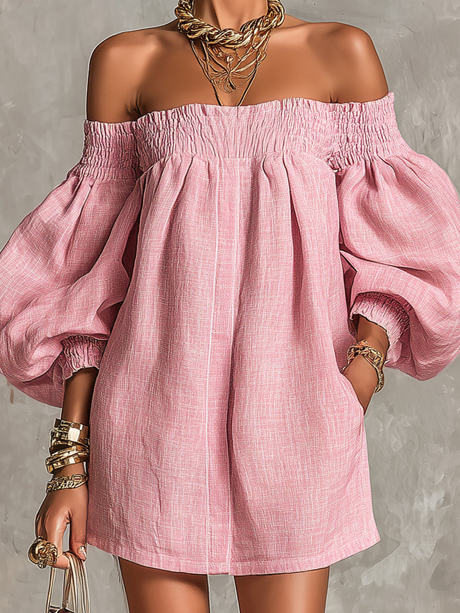 Rosabelle | Vestido corto rosa línea A con mangas farol y hombros descubiertos