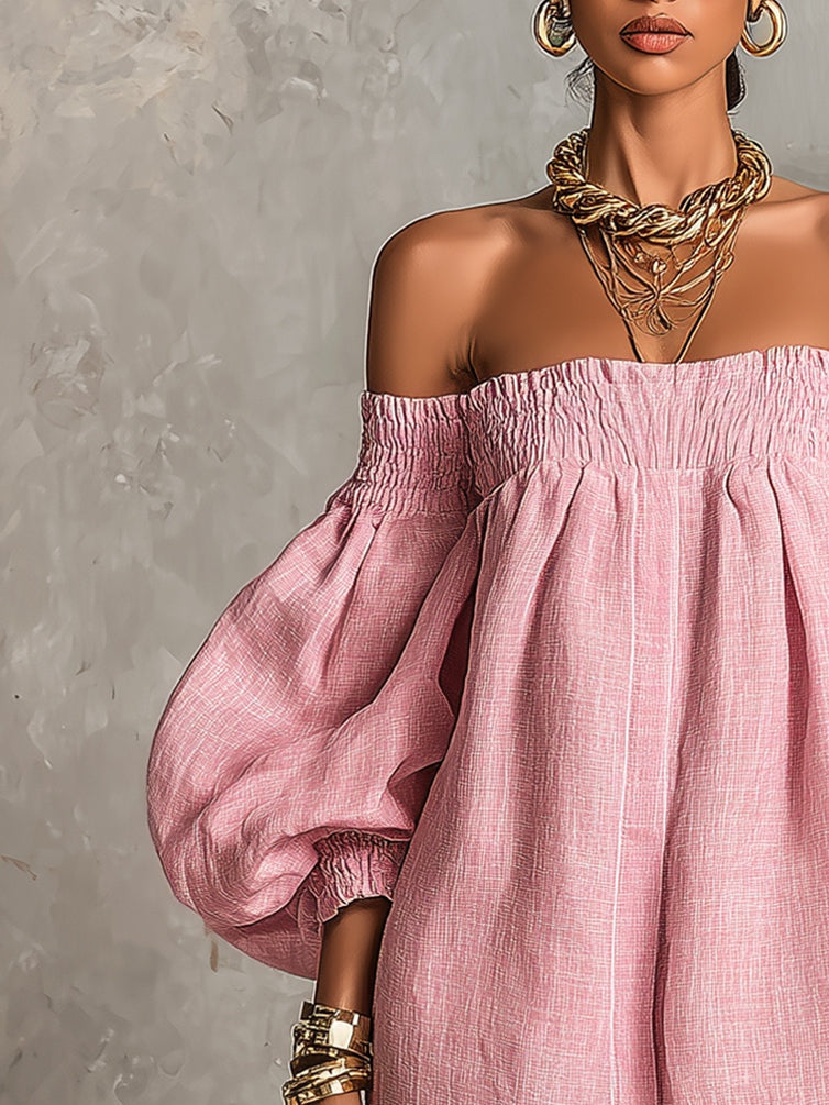 Rosabelle | Vestido corto rosa línea A con mangas farol y hombros descubiertos