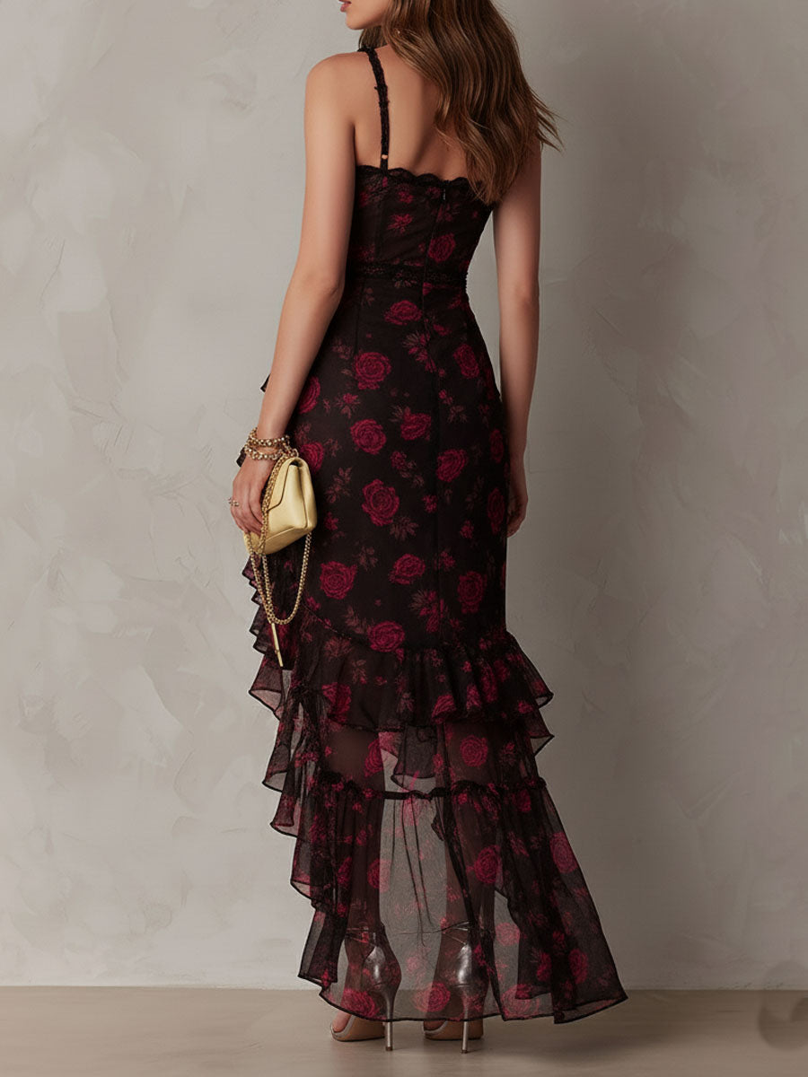 Lía | Vestido floral drapeado con bajo de volantes
