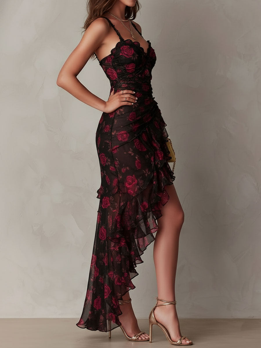Lía | Vestido floral drapeado con bajo de volantes