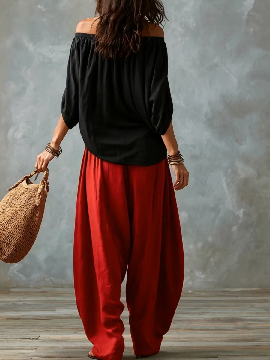 Raffaella | Conjunto top hombros descubiertos y pantalón amplio