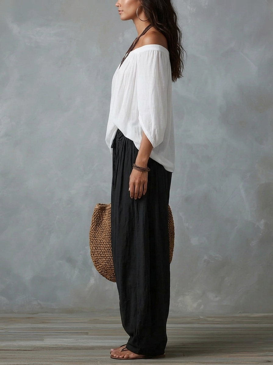Raffaella | Conjunto top hombros descubiertos y pantalón amplio
