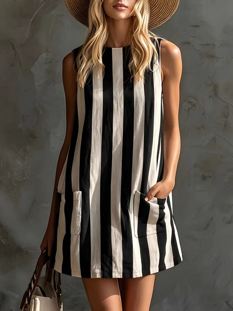 Margot | Vestido corto de rayas sin mangas con cuello redondo