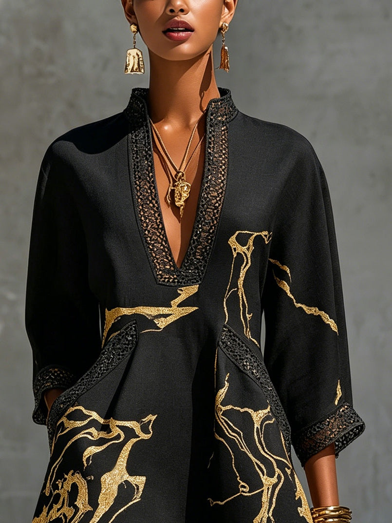 Donatella | Vestido corto con estampado mármol dorado y encaje de croché