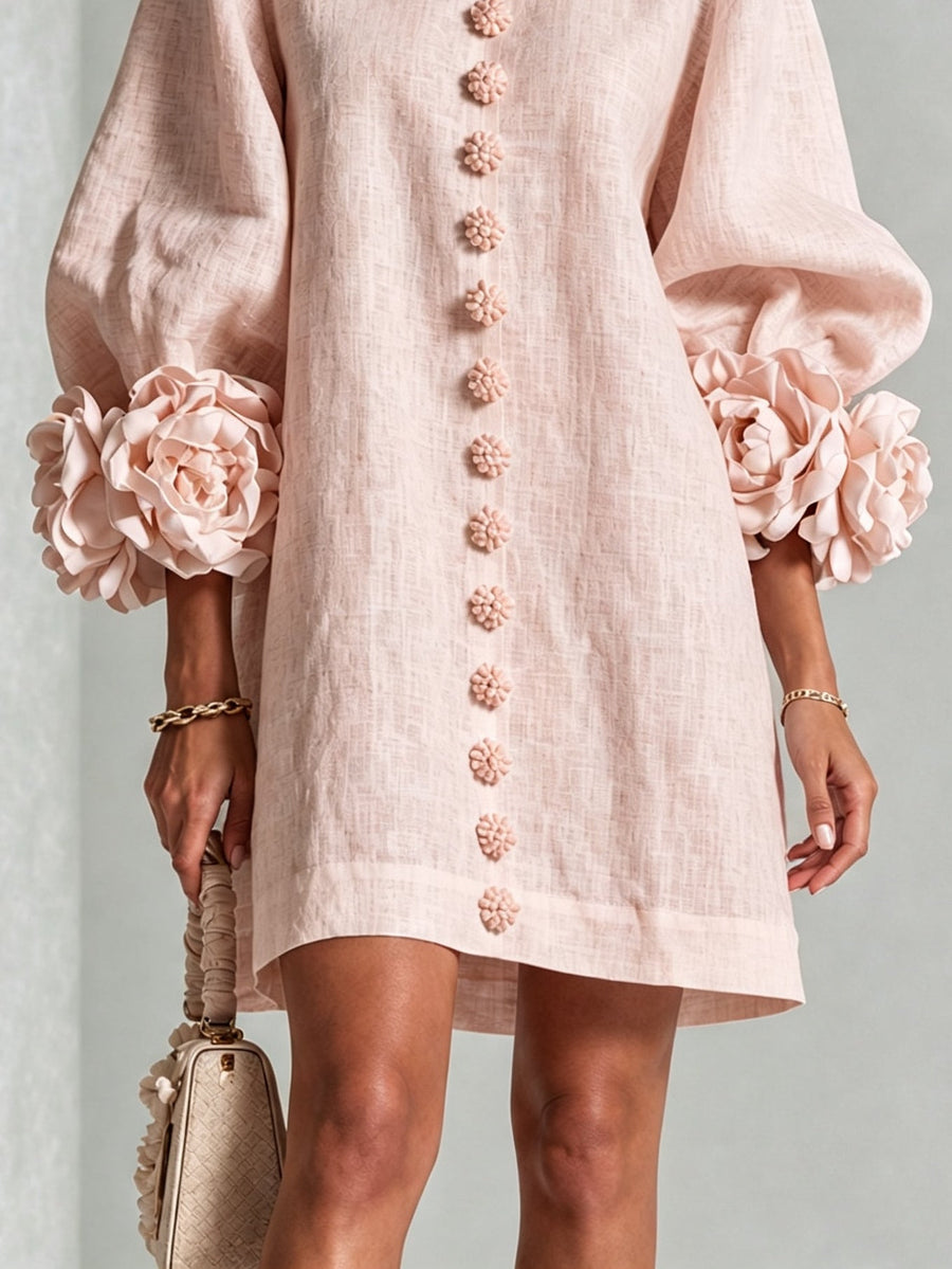Florencia | Vestido corto floral rosa con botones y mangas de flores