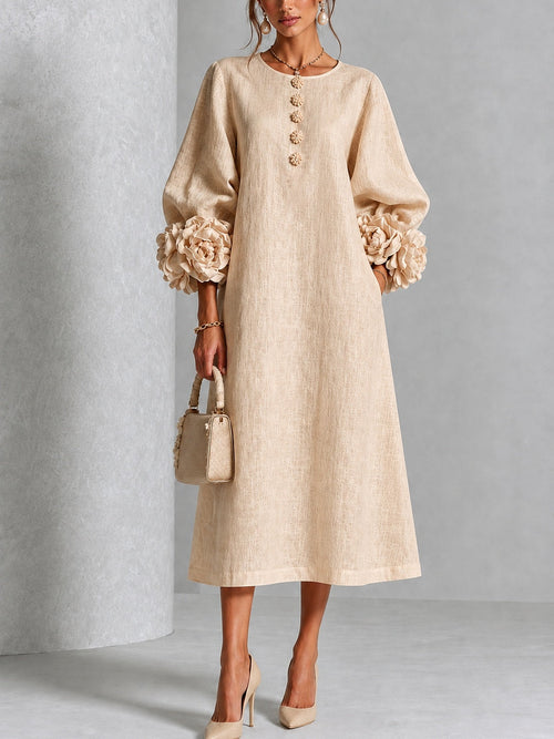 Sofía | Vestido midi beige con botones y mangas de flores
