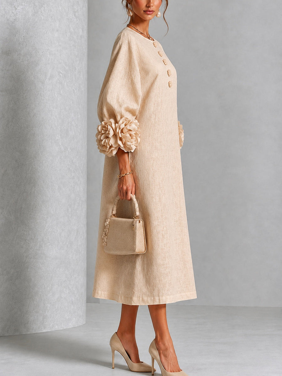 Sofía | Vestido midi beige con botones y mangas de flores