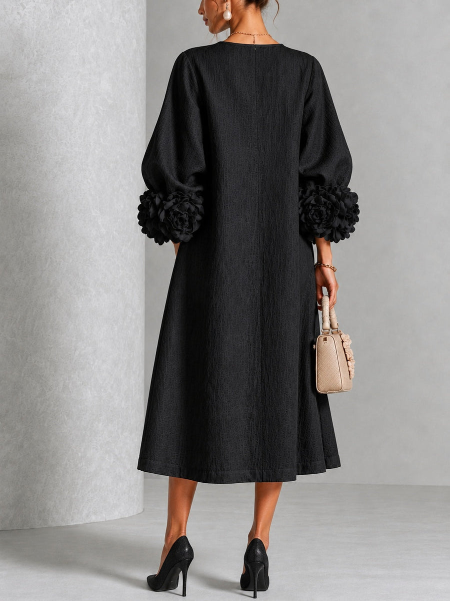 Noa | Vestido midi negro con botones y mangas de flores