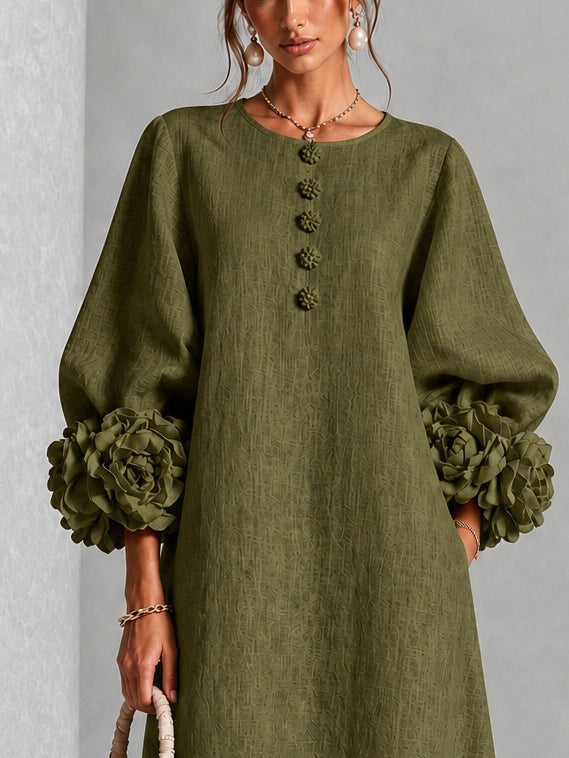 Alba | Vestido midi verde oliva con botones y mangas de flores