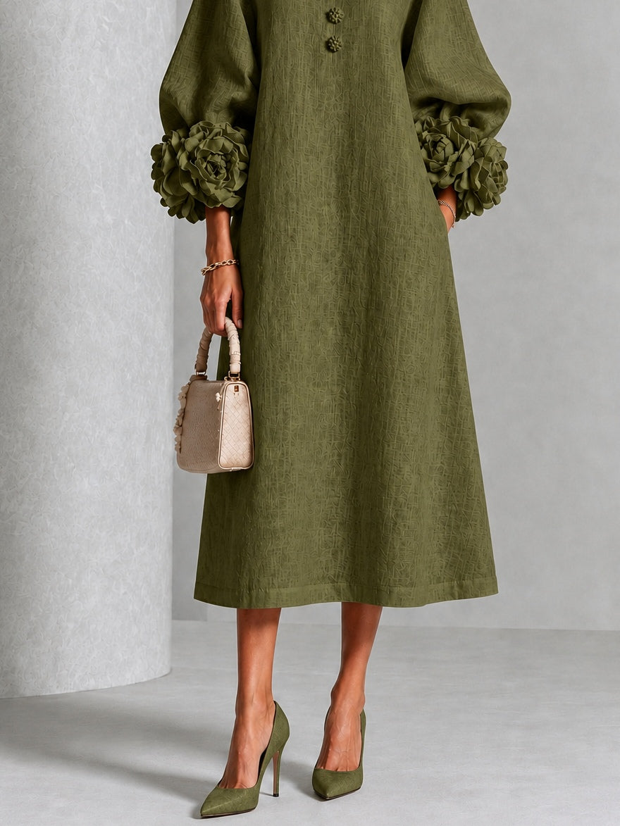 Alba | Vestido midi verde oliva con botones y mangas de flores