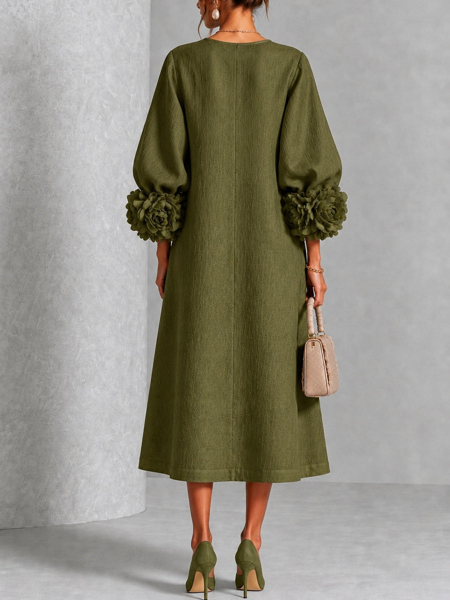 Alba | Vestido midi verde oliva con botones y mangas de flores