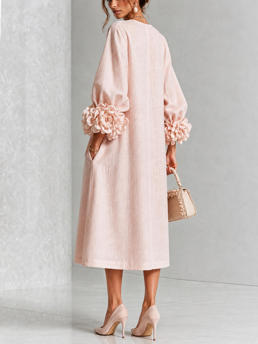 Valentina | Vestido midi rosa con botones y mangas de flores
