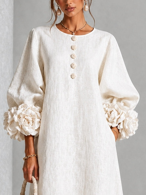 Camila | Vestido midi blanco con botones y mangas de flores