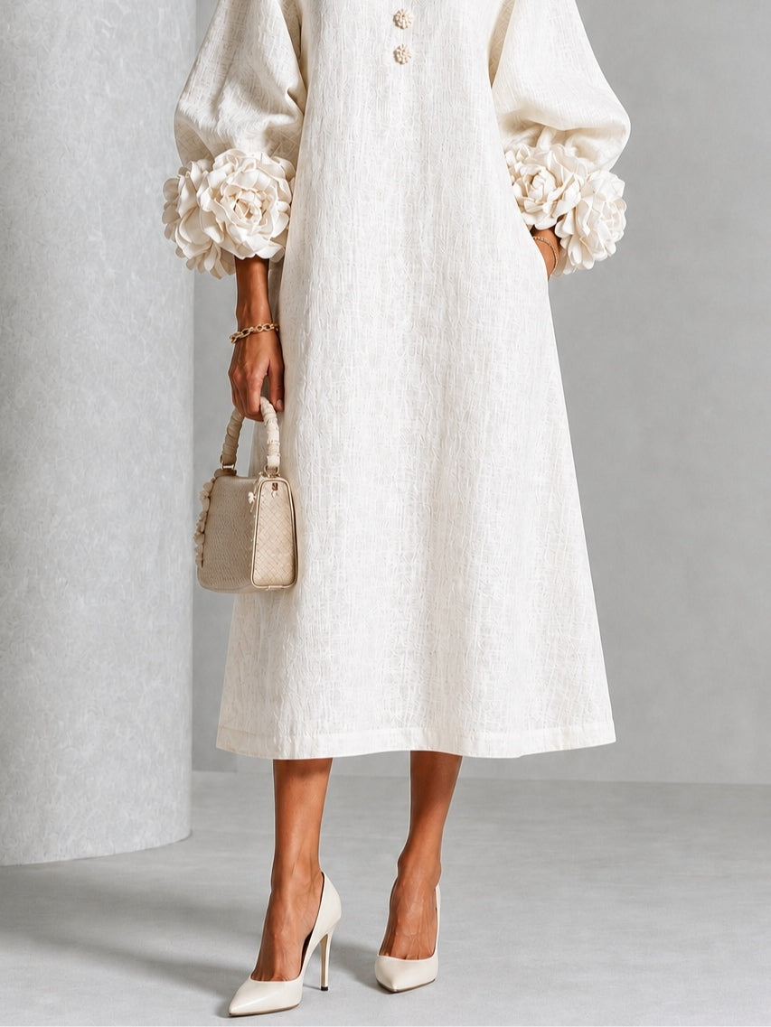 Camila | Vestido midi blanco con botones y mangas de flores