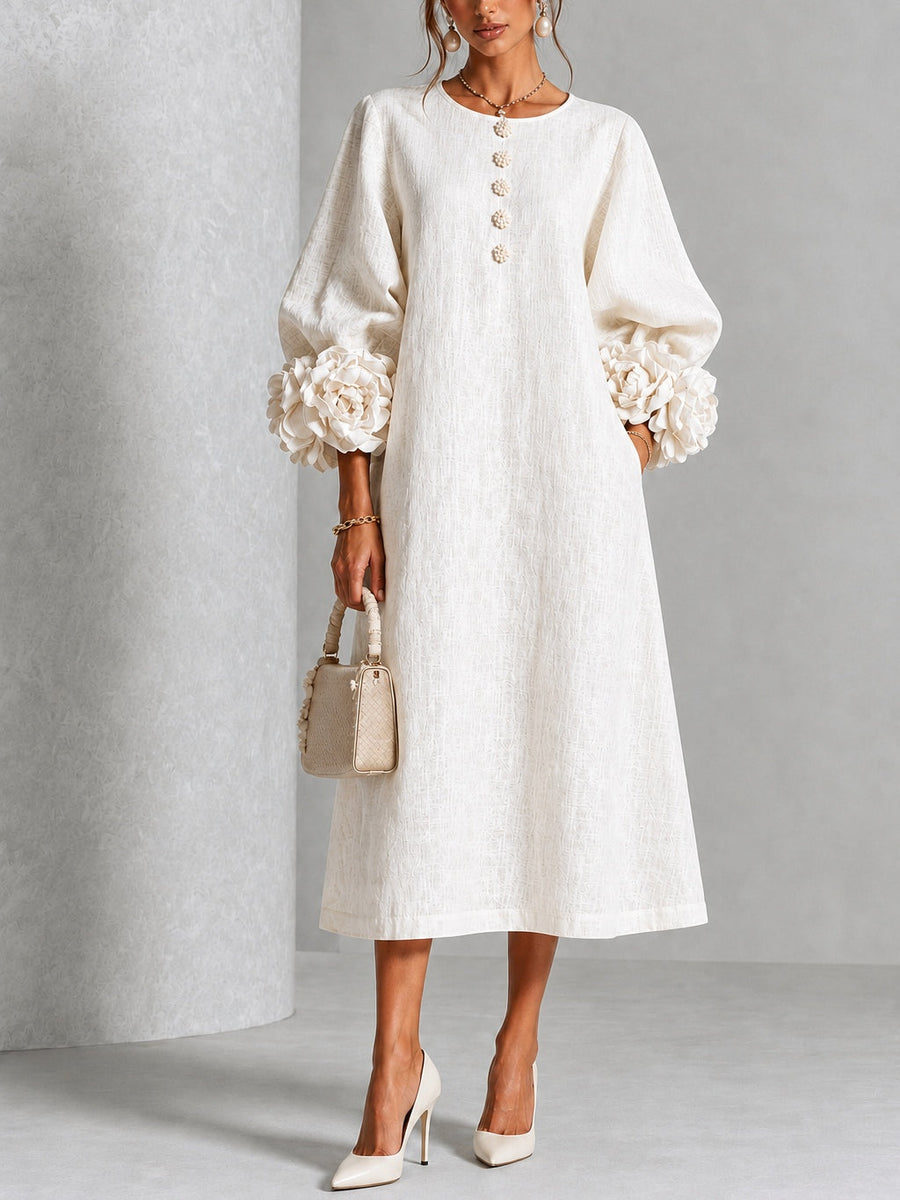 Camila | Vestido midi blanco con botones y mangas de flores