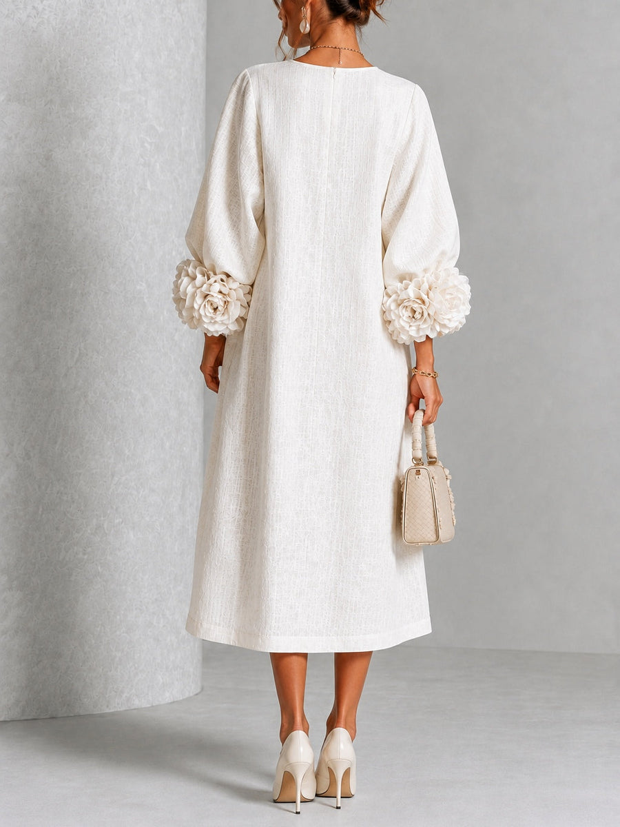 Camila | Vestido midi blanco con botones y mangas de flores