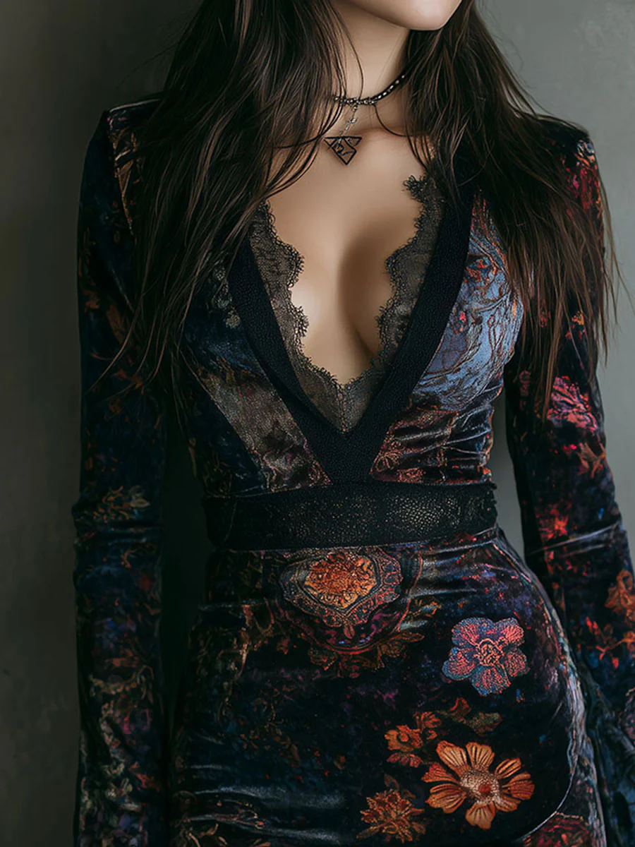 Iris | Vestido corto ajustado de terciopelo con encaje y estampado floral