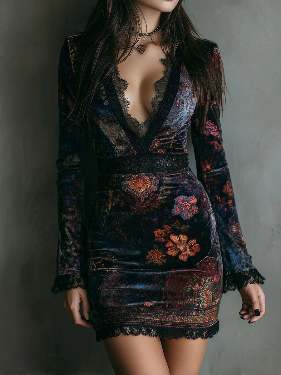 Iris | Vestido corto ajustado de terciopelo con encaje y estampado floral