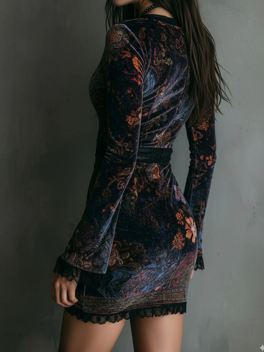Iris | Vestido corto ajustado de terciopelo con encaje y estampado floral