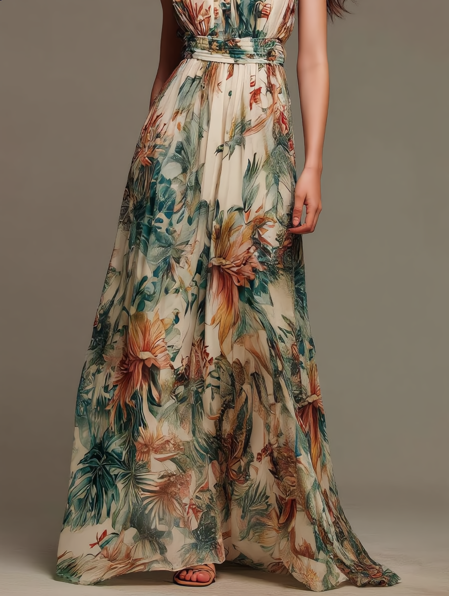 Evelyn | Vestido largo de gasa con estampado botánico tropical
