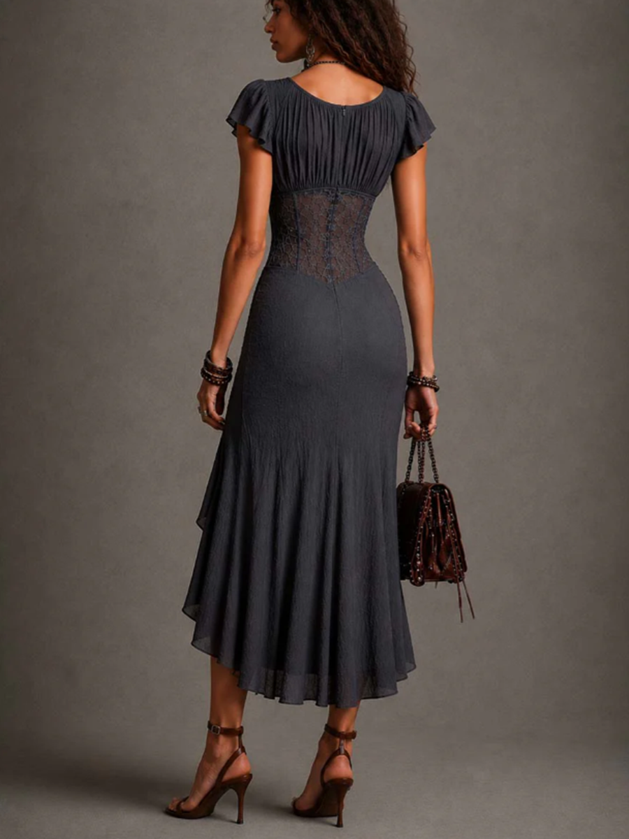 Ludovica | Vestido midi de encaje y gasa con escote en V, gris antracita