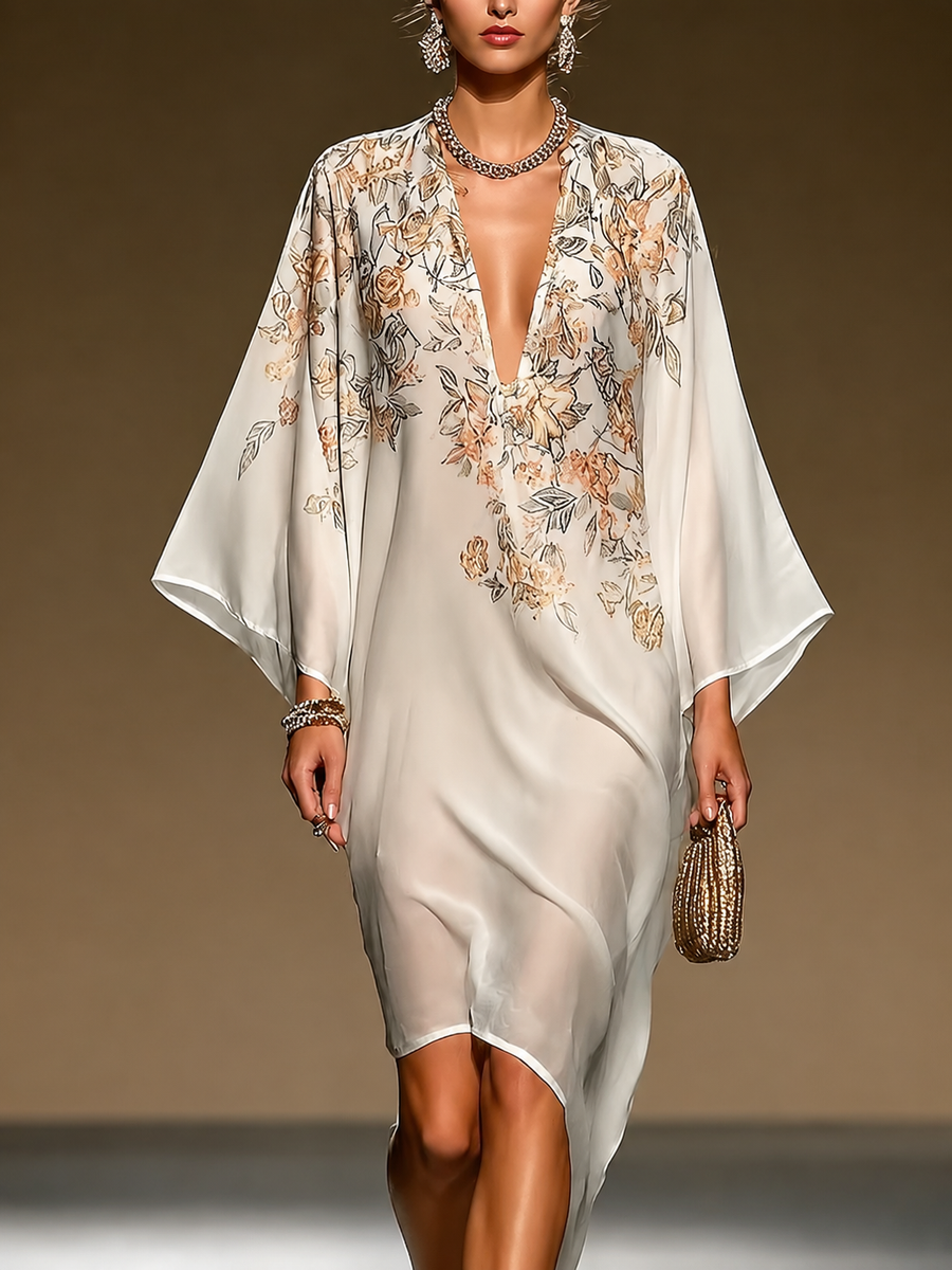 Adriana | Vestido caftán midi de gasa beige con estampado floral