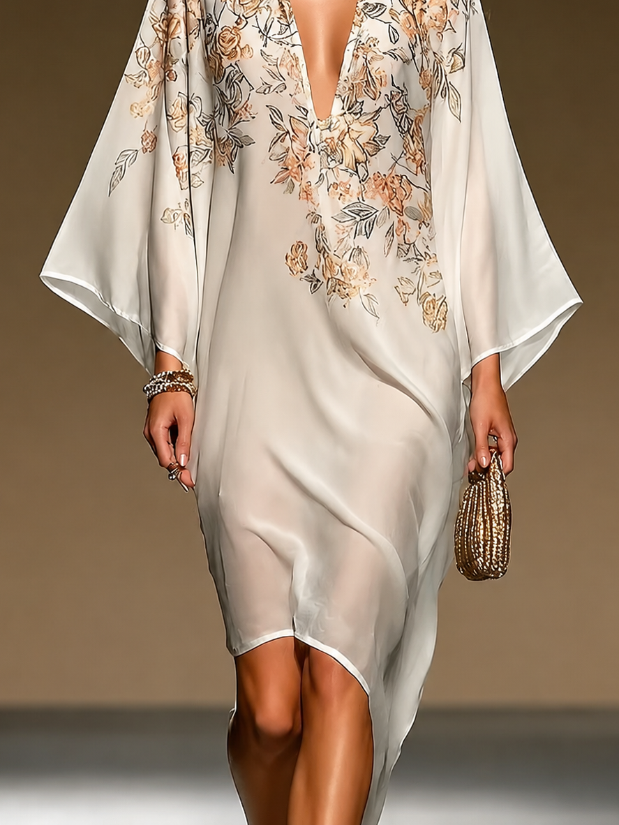 Adriana | Vestido caftán midi de gasa beige con estampado floral